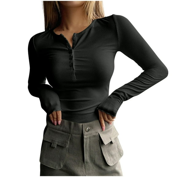 Timegard Crop Tops for Women Drop Shoulder Long Sleeve Scoop Neck Button Comfy Casual Going out Tops