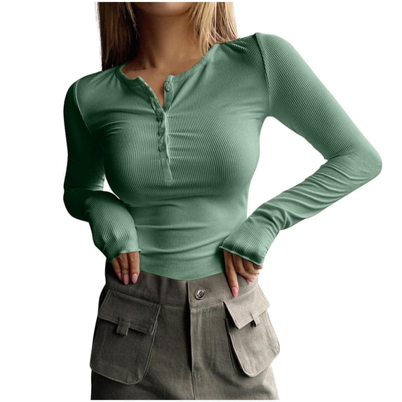Timegard Crop Tops for Women Drop Shoulder Long Sleeve Scoop Neck Button Comfy Casual Going out Tops