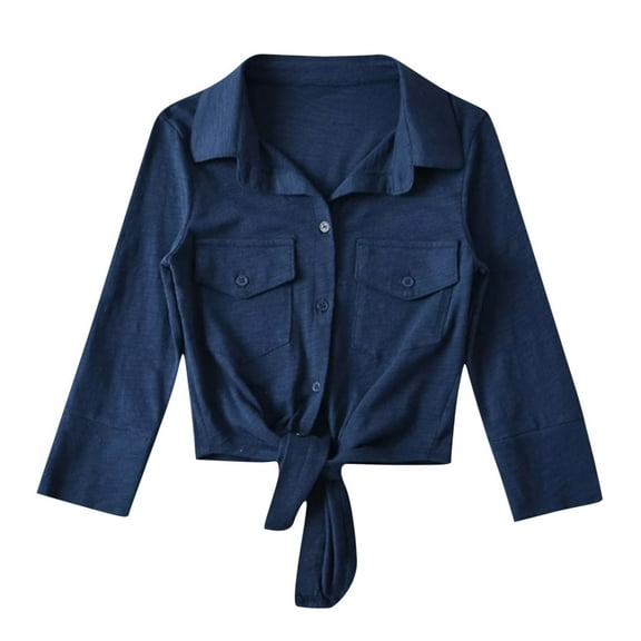 Timegard Crop Tops for Women Lapel V Neck Button up Shirts Irregularly Long Sleeve Casual Shirts Fashion