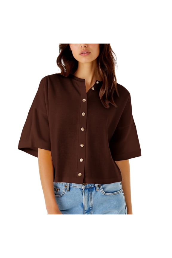 Crop Tops for Women Loose Button up Shirts 3/4 Sleeve Casual Drop Shoulder Blouse Fall Fashion