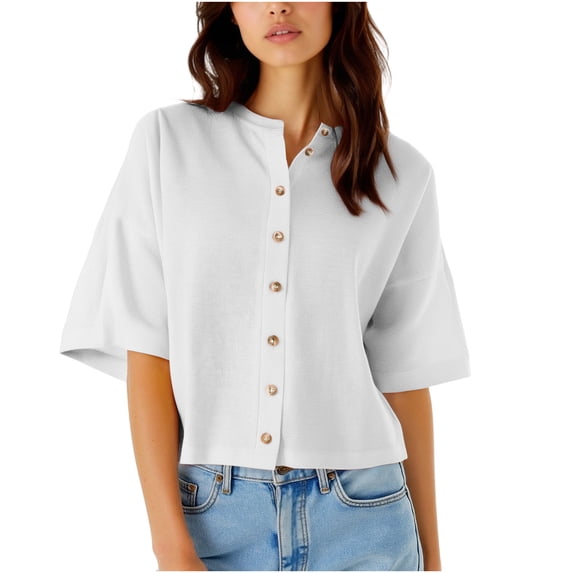 Timegard Crop Tops for Women Loose Button up Shirts 3/4 Sleeve Casual Drop Shoulder Blouse Fall Fashion