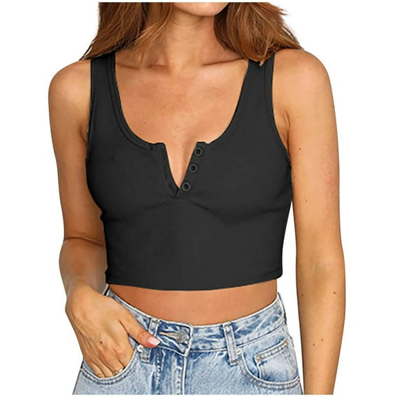 Timegard Crop Tops for Women Notched V Neck Button Tank Tops Ribbed Comfy Going out Tops Summer Fashion