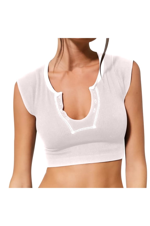 Crop Tops for Women Ribbed Drop Shoulder Slim Stretch U Neck Going out Tops Summer Fashion