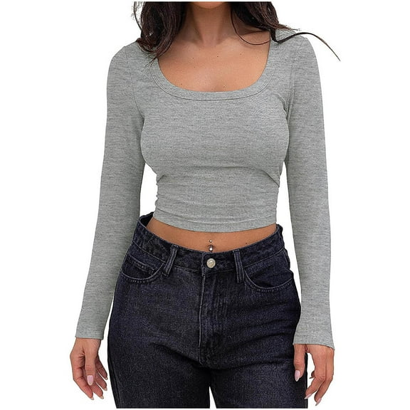 Timegard Crop Tops for Women Ribbed Scoop Neck Long Sleeve Slim Comfy Tee Casual Tops Bottom Blouse Fall