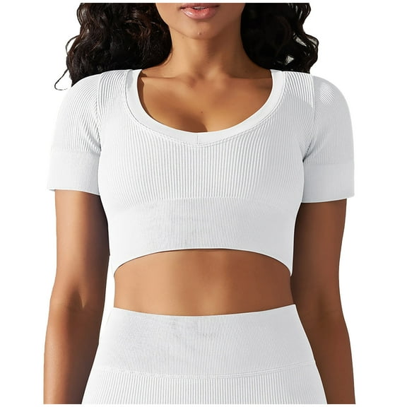 Timegard Crop Tops for Women Ribbed U Neck Short Sleeve Workout Yoga Tops Seamless Going out Tee Shirts