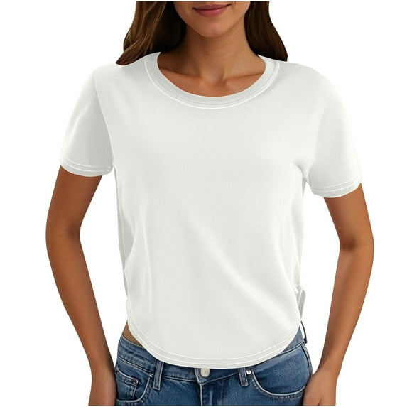 Timegard Crop Tops for Women Round Neck Irregularly Fitting Solid Color Tee Casual Short Sleeve Tops