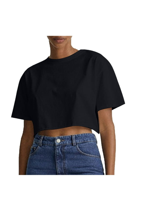 Crop Tops for Women Short Sleeve Crew Neck Drop Shoulder Casual Loose Workout Top Basic Tee