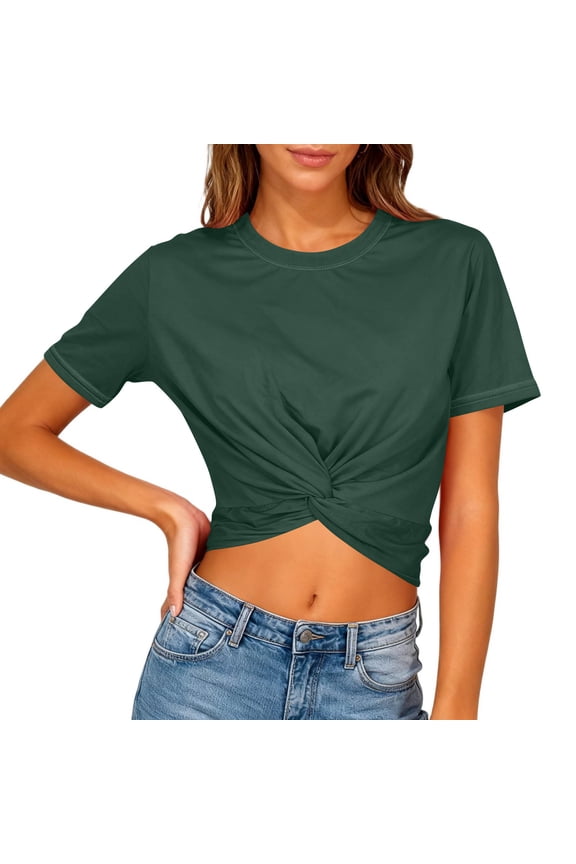 Crop Tops for Women Short Sleeve Knot Crew Neck Fitting Comfy Travel Casual Summer Tee Tops