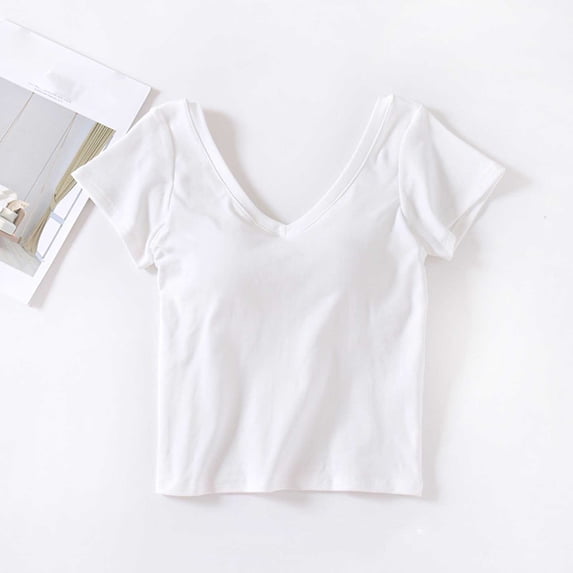 Timegard Crop Tops for Women V Neck Comfy Tee Shirts with Built in Bras Summer Casual Short Sleeve Tops