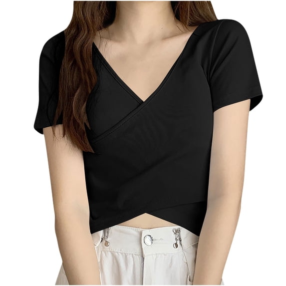 Timegard Crop Tops for Women V Neck Short Sleeve Irregularly Solid Color Casual Fitting Tee Fashion