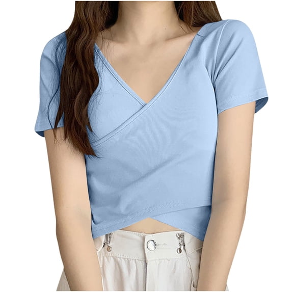 Timegard Crop Tops for Women V Neck Short Sleeve Irregularly Solid Color Casual Fitting Tee Fashion