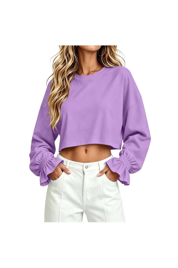 Cute Tops for Women Crewneck Sweatshirts Ruffle Long Sleeve Casual Loose Pullover Tops Fall Fashion(Purple.S)