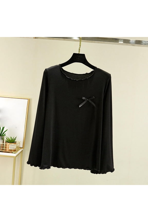 Cute Tops for Women Ruffle Round Neck Bow Tie Pajamas Blouse Casual Loose Comfy Long Sleeve Tops