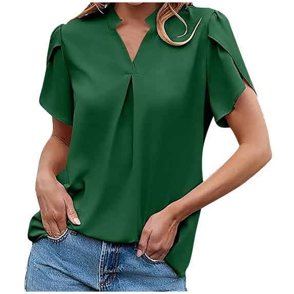 Timegard Dress Tops for Women V-Neck Petal Sleeve Ruched Business Casual Loose Top Blouse Basic Shirts