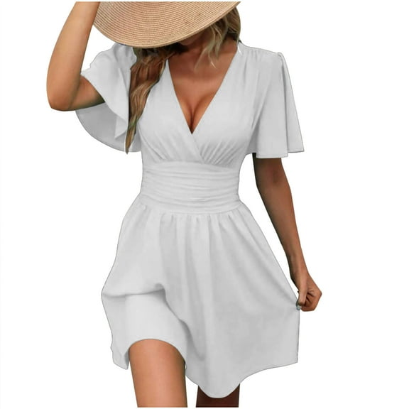 Timegard Dresses for Women Deep V Neck Ruched Ruffle Short Sleeve Comfy Casual Summer Dresses