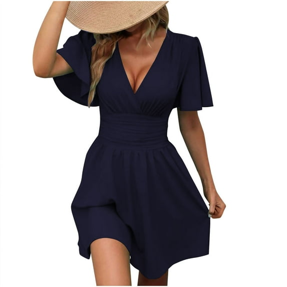 Timegard Dresses for Women Deep V Neck Ruched Ruffle Short Sleeve Comfy Casual Summer Dresses