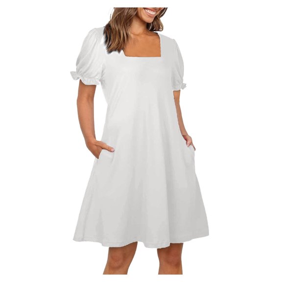 Timegard Dresses for Women Drop Shoulder Square Neck Puff Short Sleeve Loose Comfy Casual Dress Fashion