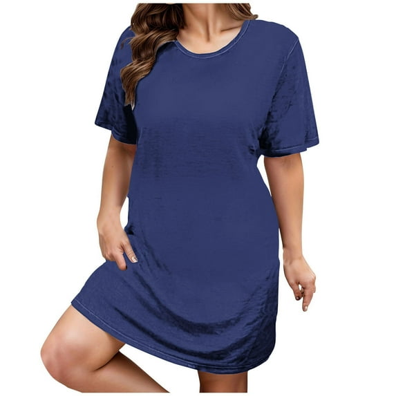 Timegard Dresses for Women Plus Size Round Neck Short Sleeve Casual Solid Color Loose Comfy Dresses