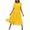 thumbnail image 1 of Timegard Dresses for Women Summer Ruffle Round Neck Loose Mid Long Dresses Casual Solid Color Dresses Fashion,Yellow, 1 of 5