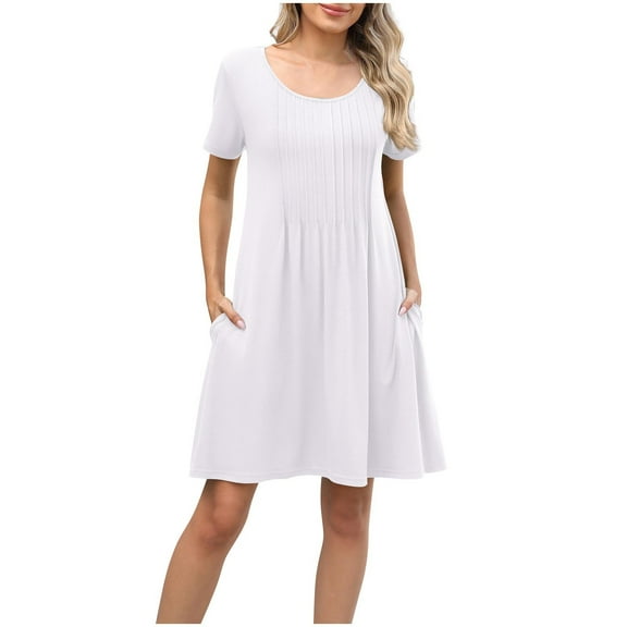 Timegard Dresses for Women Summer Scoop Neck Short Sleeve Pleated Loose Comfy Casual Dresses Pocket