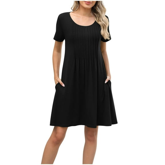 Timegard Dresses for Women Summer Scoop Neck Short Sleeve Pleated Loose Comfy Casual Dresses Pocket