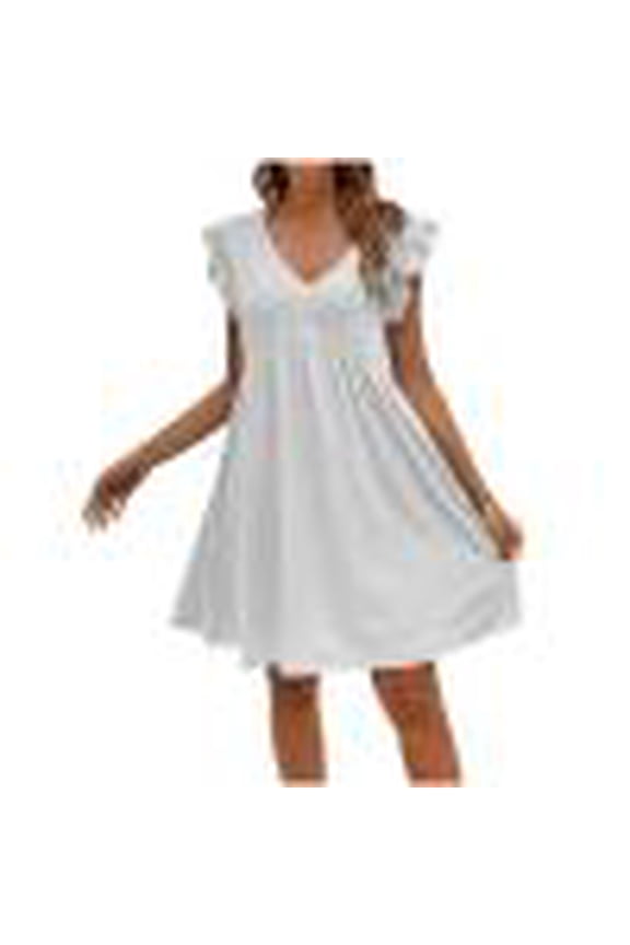 Dresses for Women V Neck Ruffle Cap Sleeve Eyelet Summer Dresses Ruched Comfy Casual Travel Dresses,White