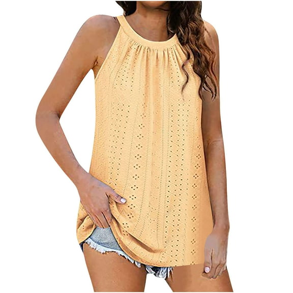 Timegard Eyelet Tank Top for Women Round Neck Ruched Sleeveless Comfy Casual Tee Shirts Summer