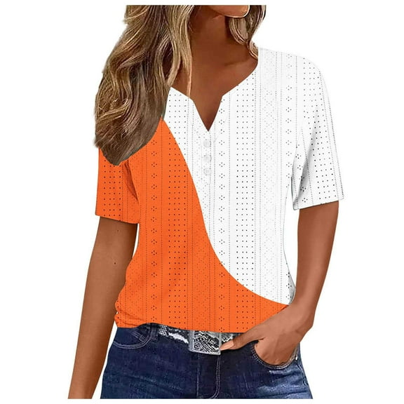 Timegard Eyelet Tops for Women Drop Shoulder V Neck Button Slim Comfy Color Block Tunic Top Casual