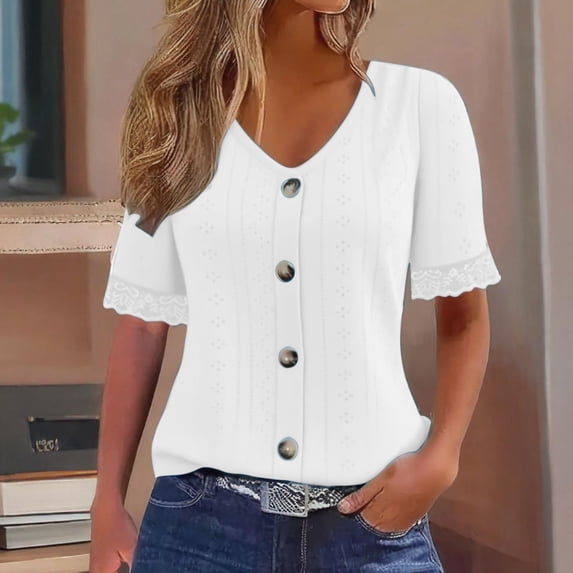 Timegard Eyelet Tops for Women Lace Short Sleeve Round Neck Button Tunic Tops Casual Comfy Blouse Tops