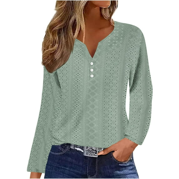 Timegard Eyelet Tops for Women Notched V Neck Button Blouse Dressy Casual Long Sleeve Loose Tops Fall