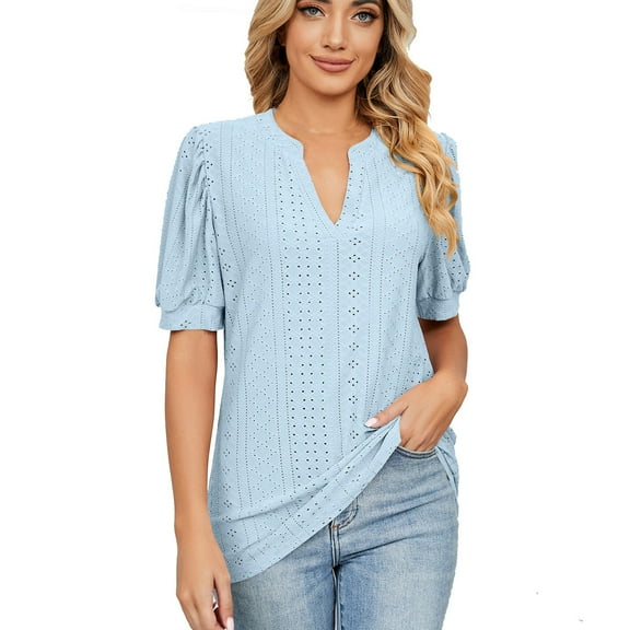 Timegard Eyelet Tops for Women Notched V Neck Ruched Puff Short Sleeve Comfy Casual Blouse Tops Trendy