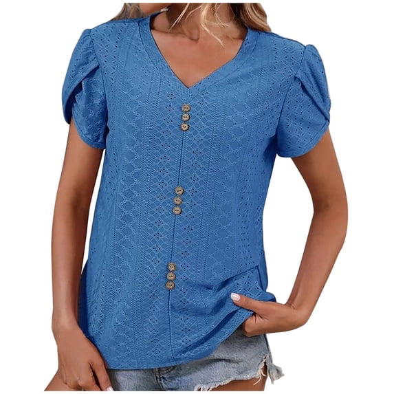 Timegard Eyelet Tops for Women Petal Short Sleeve V Neck Button Comfy Summer Travel Casual Tee Shirts