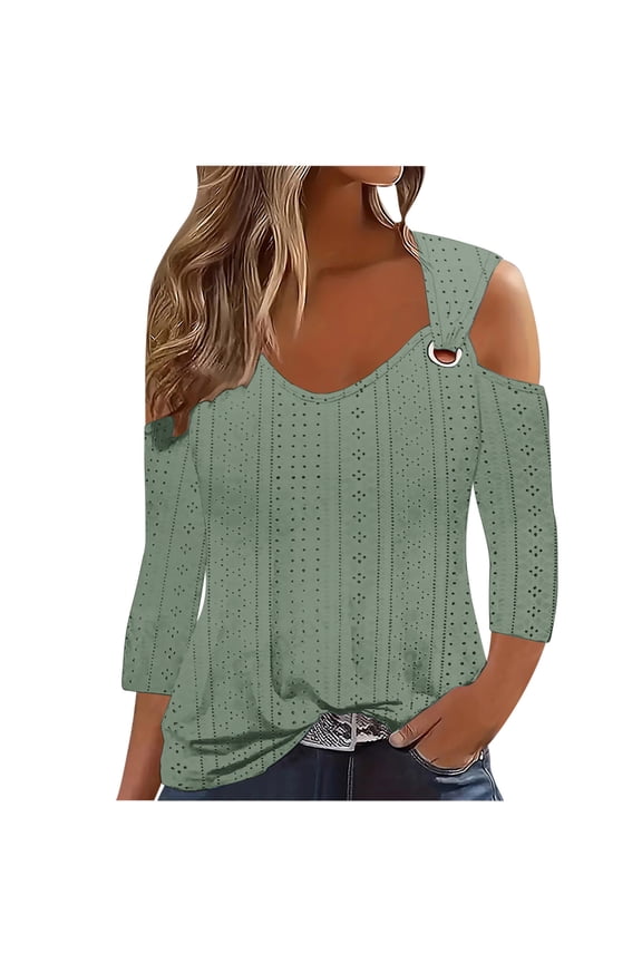 Eyelet Tops for Women Plus Size 3/4 Sleeve Cold Shoulder Slim Comfy Casual Tops Summer Beach