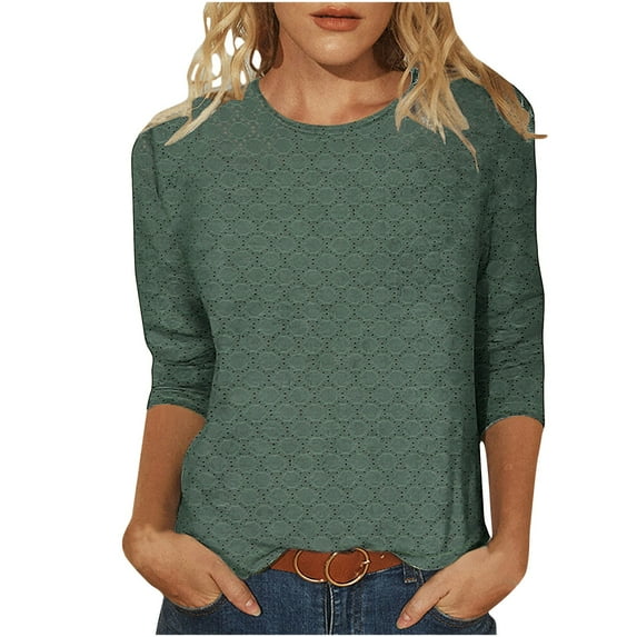 Timegard Eyelet Tops for Women Round Neck 3/4 Sleeve Solid Color Tee Shirt Dressy Casual Loose Tops