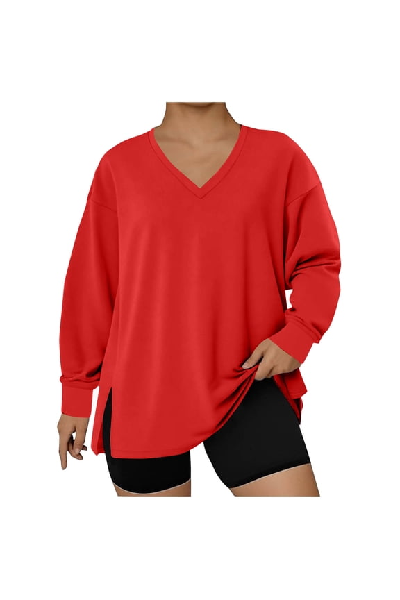 Fall Sweatshirts for Women Plus Size V Neck Long Sleeve Tops Side Split Drop Shoulder Pullover
