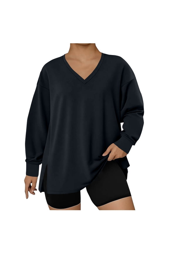Fall Sweatshirts for Women Plus Size V Neck Long Sleeve Tops Side Split Drop Shoulder Pullover