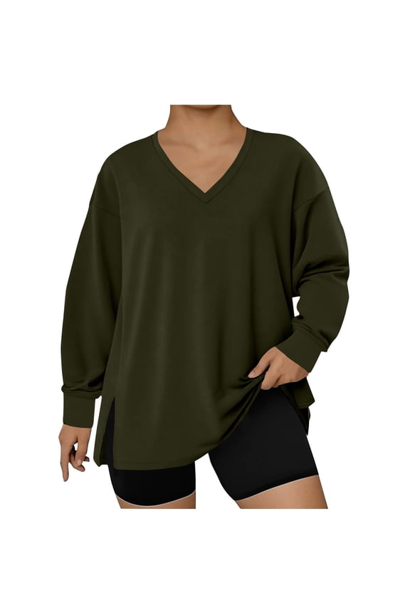 Fall Sweatshirts for Women Plus Size V Neck Long Sleeve Tops Side Split Drop Shoulder Pullover