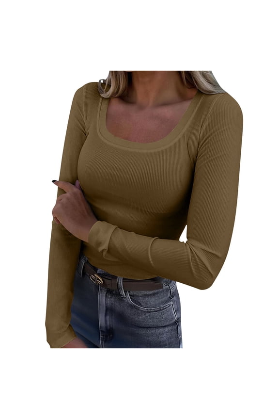 Fall Tops for Women Square Neck Slim Comfy Going out Tops Solid Color Long Sleeve Shirts