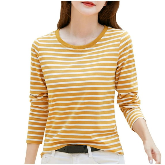 Timegard Fall Tops for Women Striped Long Sleeve Basic Tee Shirts Casual Slim Comfy Crewneck Tops