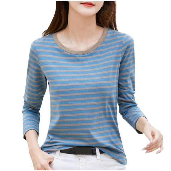 Timegard Fall Tops for Women Striped Long Sleeve Basic Tee Shirts Casual Slim Comfy Crewneck Tops