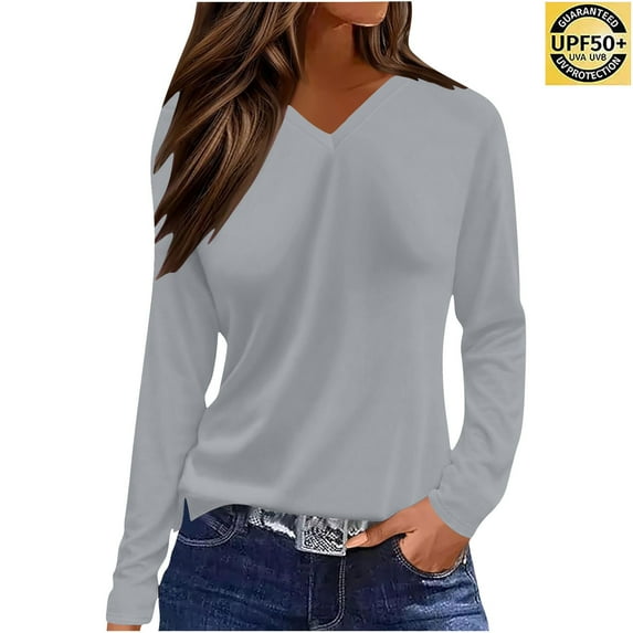 Timegard Fall Tops for Women V Neck Long Sleeve Tops Loose Solid Color Blouse Casual Basic Tee Shirts