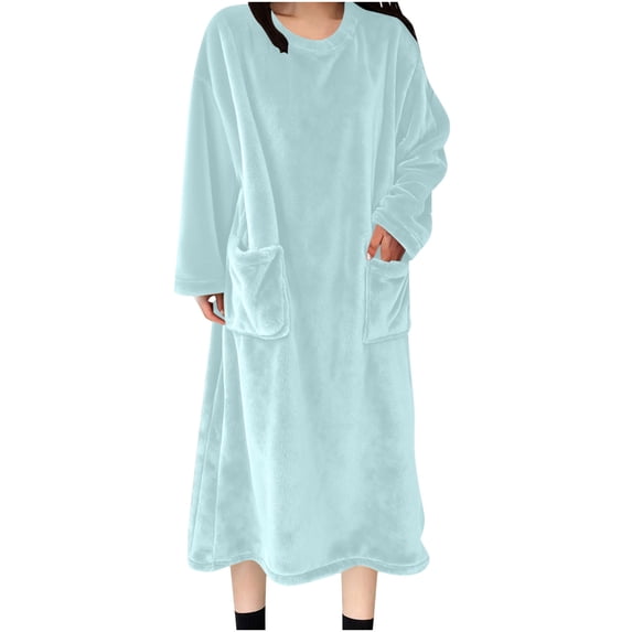 Timegard Fleece Nightgowns for Women Winter Crew Neck Ruched Warm Comfy Casual Long Sleeve Flannel Sleep Dress