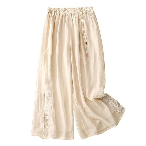 Timegard Flowy Pants for Women Cotton Linen Wide Leg Elastic Waist Beach Wear Fall Casual Loose Trousers