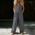 thumbnail image 1 of Rompers for Women Cotton Linen 1 Piece Summer Casual V Neck Button Sleeveless Straight Leg Loose Jumpsuits with Pockets, 1 of 5