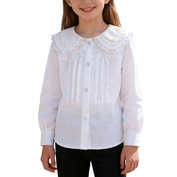 Timegard Girls Button down Shirts Ruffle Collared Classic Long Sleeve Uniform Shirts Kid Cute Blouse Tops 3-14 Years