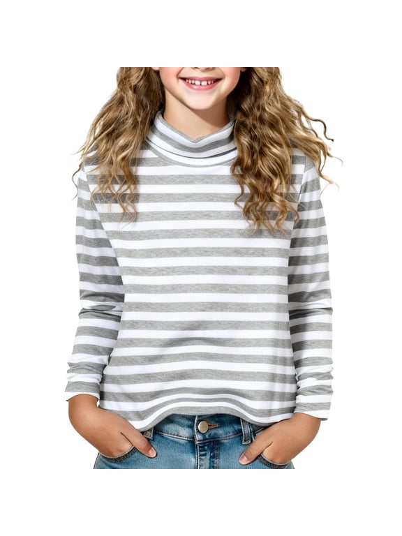 Girls Striped Tops Fall Winter Clothes Layer Undershirts Cotton Comfy Kids Long Sleeve Turtleneck Tops