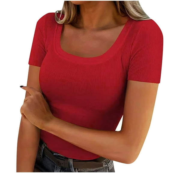 Timegard Going out Top for Women Ribbed Square Neck Short Sleeve Slim Comfy Top Solid Color Casual