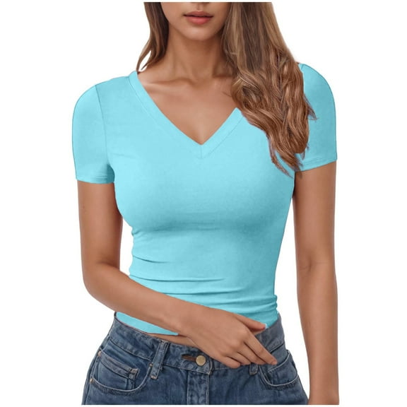 Timegard Going out Top for Women V Neck Short Sleeve Comfy Solid Color Casual Slim Tee Shirts Summer