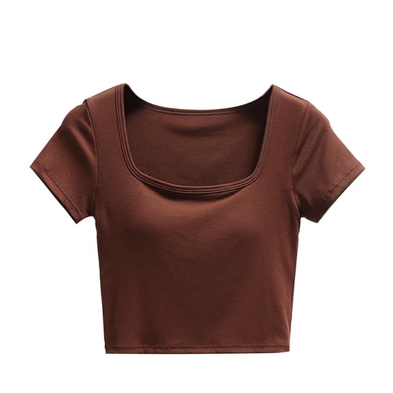 Timegard Going out Tops for Women Built in Bra Square Neck Short Sleeve Crop Tops Cute Slim Comfy Casual Tee