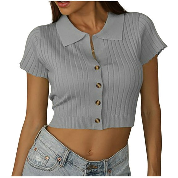 Timegard Going out Tops for Women Button down Shirts Lapel Neck Knit Tops Cropped Comfy Slim Tops Trendy
